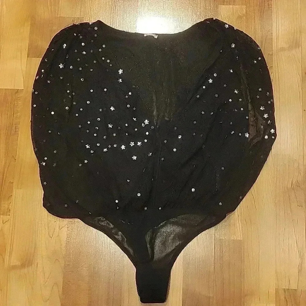Free People Intimately Bodysuit Mesh Sequins Stars Sleevesless S